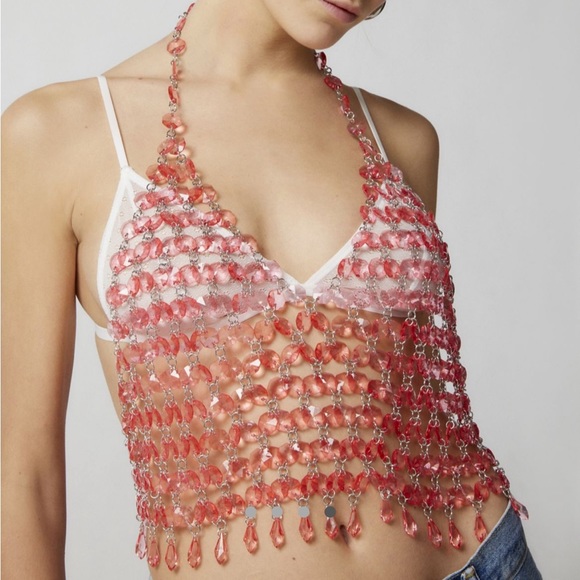 AVANT GARDE PINK AND SILVER CRYSTAL BEADED BOUDOIR HALTER TOP - Picture 9 of 9